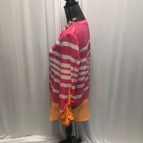 Apt 9 Blouse Womens Sz Medium Sheer Pink Orange Stripe Roll Tab Long Sleeve Top - Picture 4 of 7